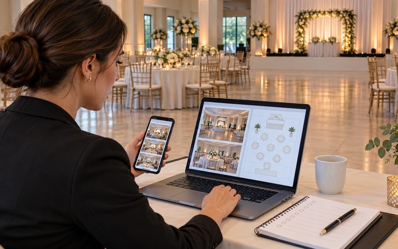 Düğün salonu web sitesini bilgisayar ve telefonda kontrol eden görevli