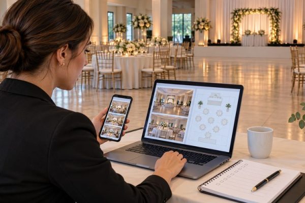 Düğün salonu web sitesini bilgisayar ve telefonda kontrol eden görevli