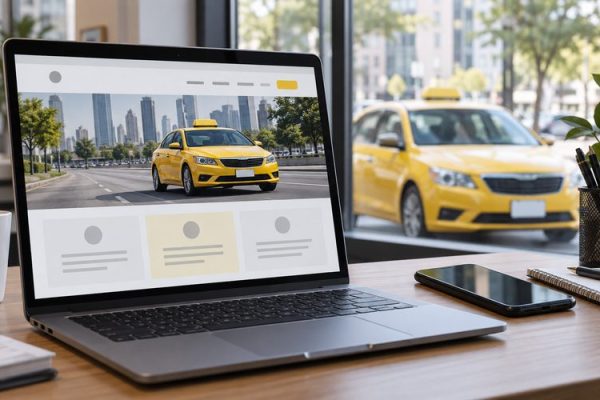 Taksi ofisinde bilgisayarda sade web sayfası düzeni ve yanındaki telefon