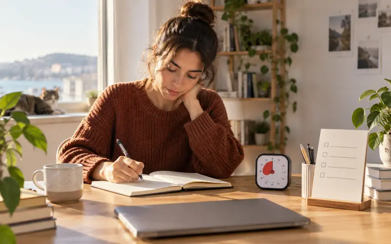 Pomodoro tekniği için çalışma masası ve zamanlayıcı